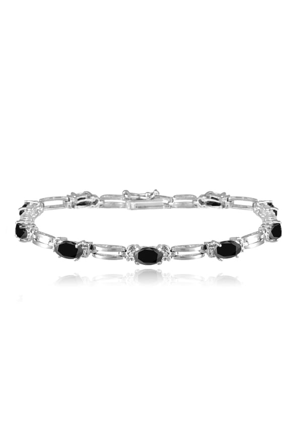 Silver Tone Sapphire & Diamond Accent Rectangle Link Bracelet