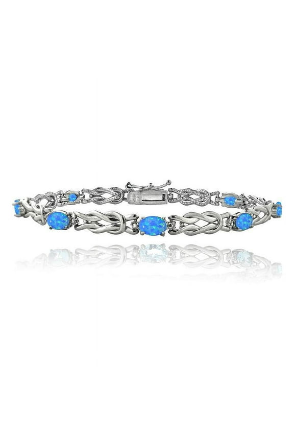 Silver Tone Simulated Blue Opal & Diamond Accent Love Knot Bracelet