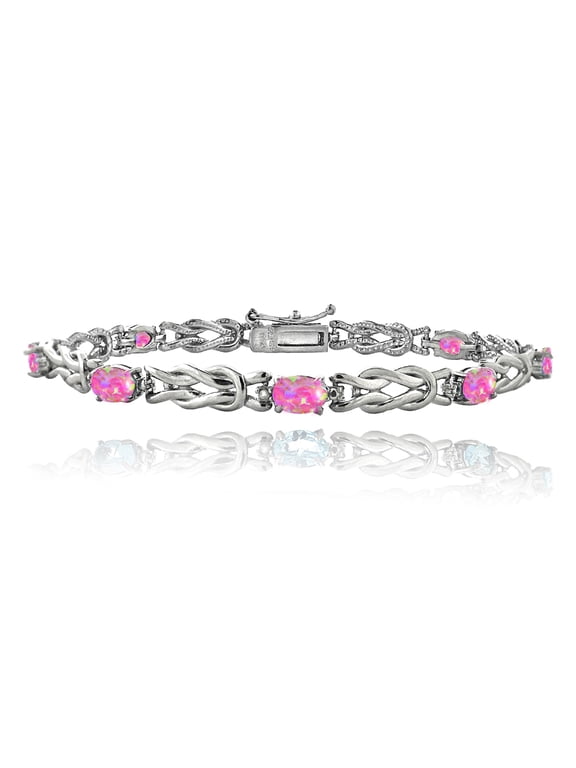 Silver Tone Simulated Pink Opal & Diamond Accent Love Knot Bracelet