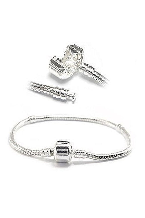 Silver Tone Snake Chain Classic Bead Barrel Clasp Bracelet for Beads Charms (7.5")