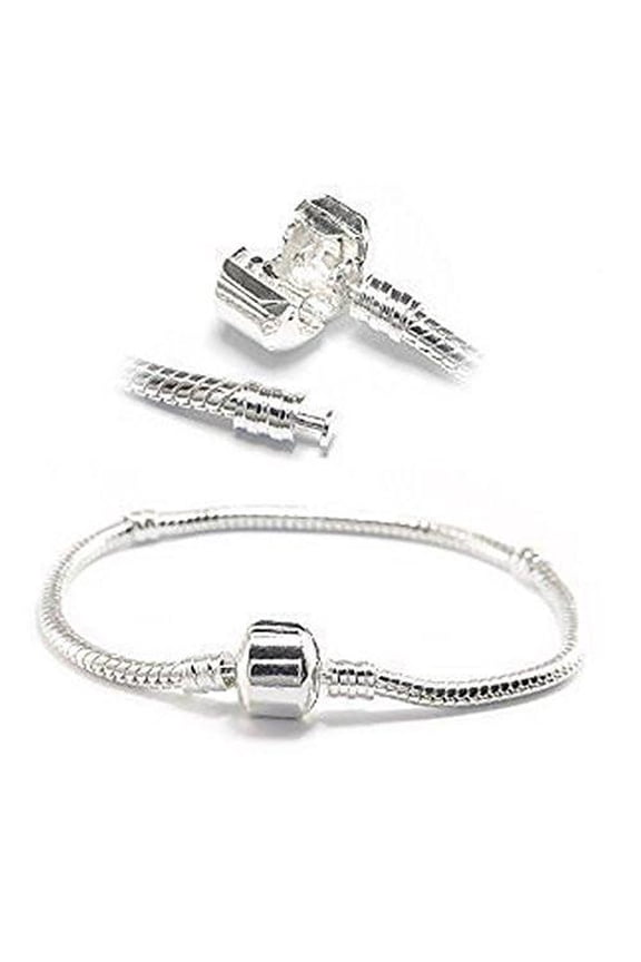 Silver Tone Snake Chain Classic Bead Barrel Clasp Bracelet for Beads Charms (9.0")