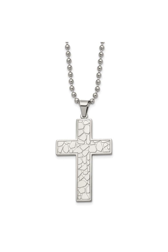 Silver Tone Stainless Steel Cross Pendant Necklace with Mosaic Design and Ball Chain for Faith Style and Spiritual Symbolism in High Polish Modern Religious Jewelry for Men or Women