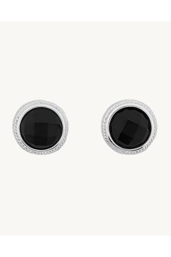 Silver Tone Stainless Steel Round Black Disc / Circle (Greek Key Border) Stud Earrings (10mm)