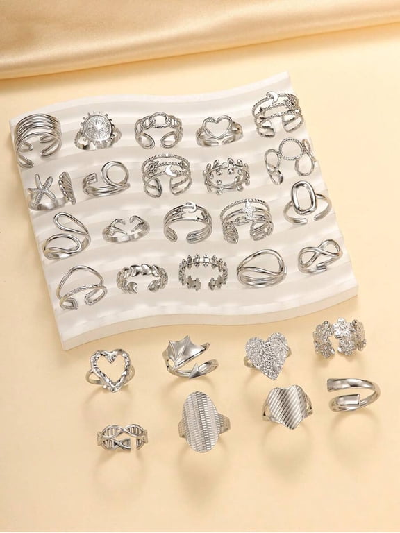 Silver Tone Stainless Steel Stacking Ring Set 24 Pieces Adjustable Open