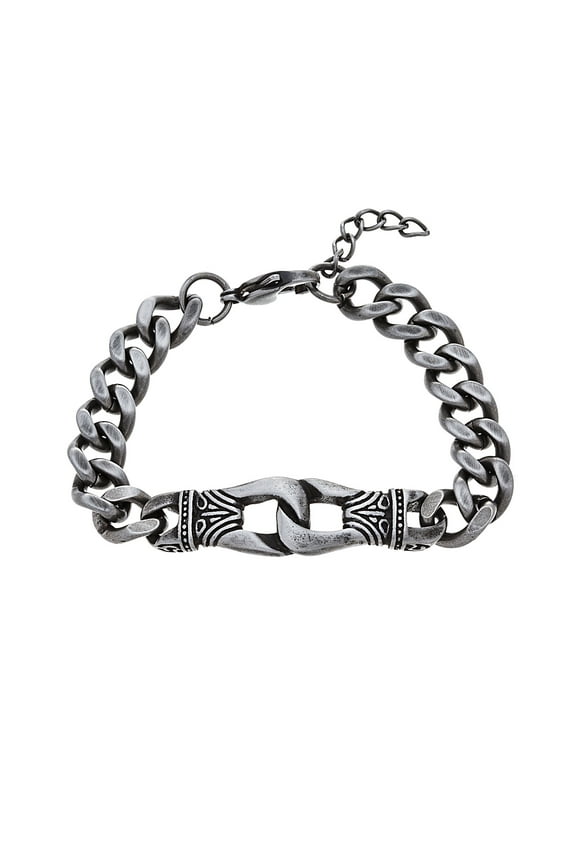 Silver-Tone Stainless Steel Textured Interlocked Links on Curb Chain Bracelet