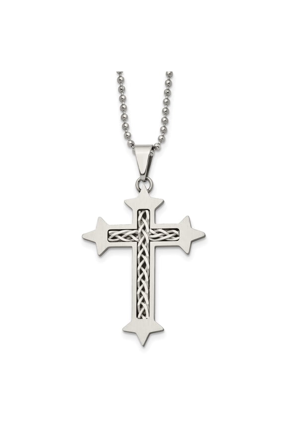 Silver Tone Stainless Steel Tri-Pointed Celtic Cross Pendant Necklace with Polished Ball Chain Modern Religious Jewelry for Men Spiritual Fashion Statement Accessory for Everyday or Special Occasions