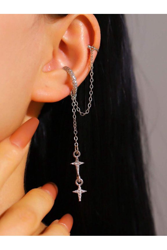 Silver Tone Star Charm Ear Cuff With Crystal Chain Dangle Earring