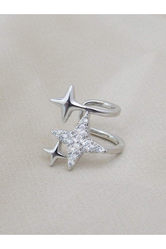 Silver Tone Star Cubic Zirconia Ear Cuff With Pave Setting, 1 Piece