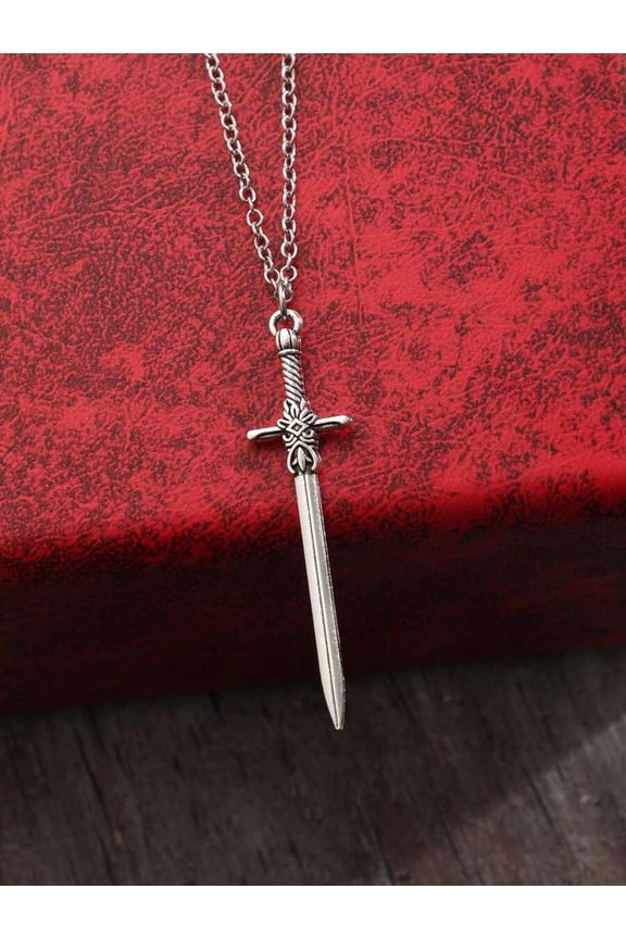 Silver Tone Sword Pendant Necklace With Twisted Hilt Design