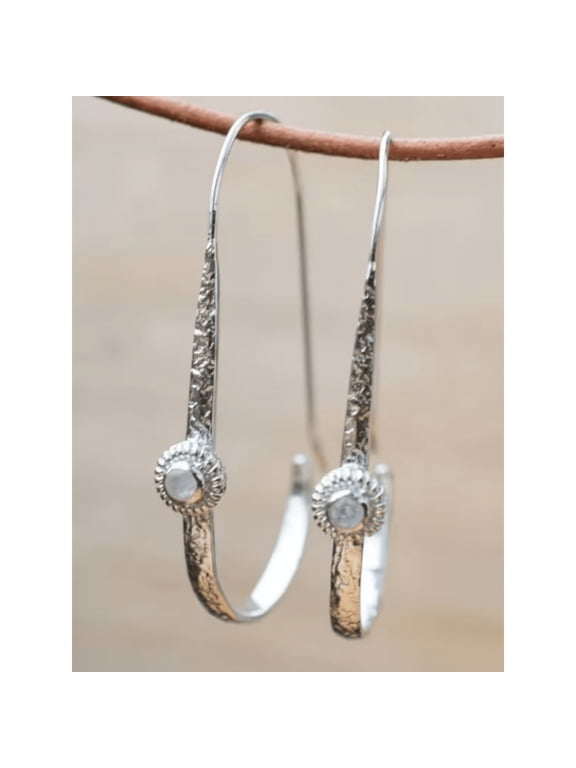Silver Tone Textured Long Dangle Earrings With Faux Opal Accent