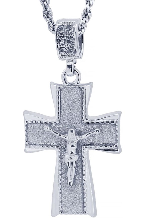 Silver Tone The Double Inlay Pave Crucifix Cross Pendant 24" Rope Chain #2011S