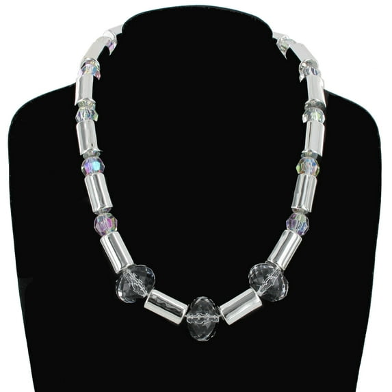 Silver Tone Tube Bead Graduated Faux Crystal Single Strand Necklace Ladies Adult Female Women