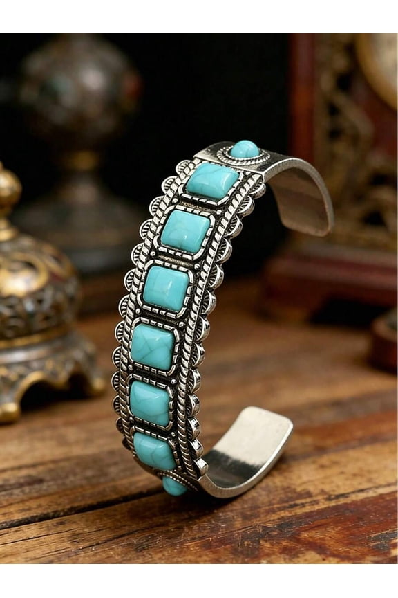 Silver Tone Turquoise Square Stone Cuff Bangle Bracelet