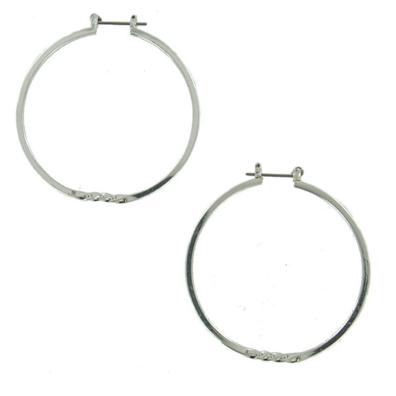 Silver Tone Twisted Design Snap Down Pierced Hoop Earrings 2"