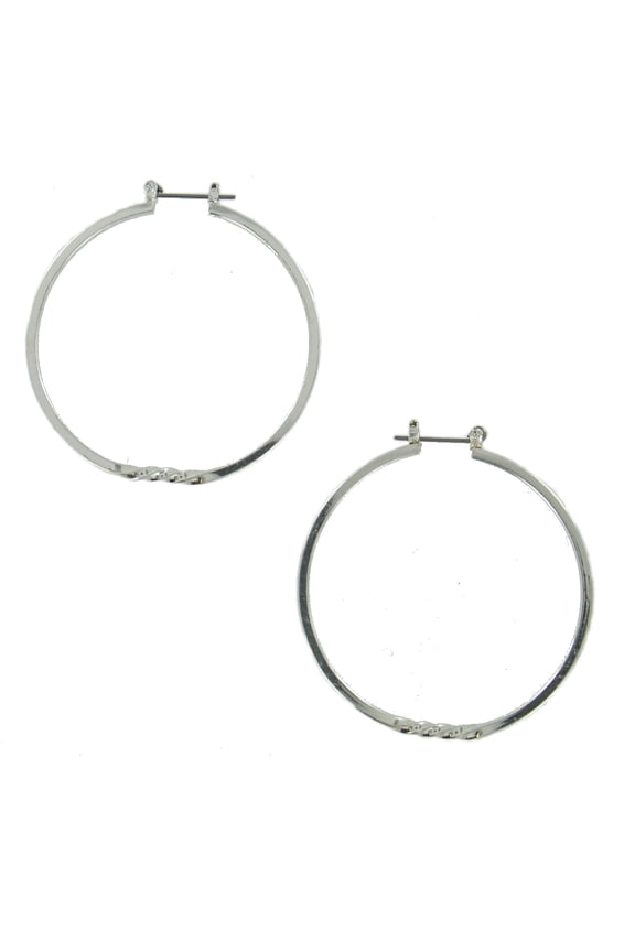 Silver Tone Twisted Design Snap Down Pierced Hoop Earrings 2"