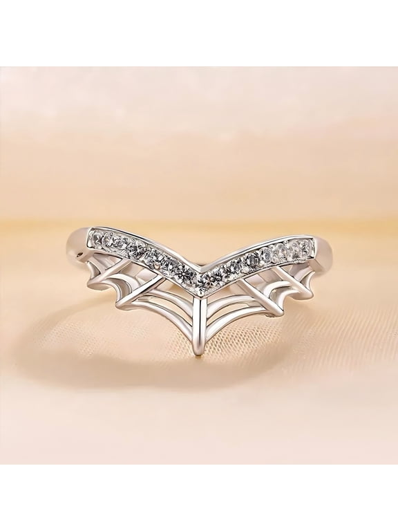 Silver Tone V-Shaped Spider Web Ring, Pave Stone Accent Gothic Halloween Statement Ring, Delicate Openwork Band Ring for Women Daily Party Costume Wear