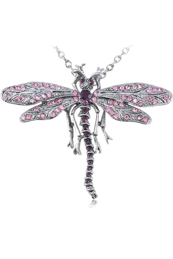 Silver Tone Wing Dragonfly Purple Crystal Rhinestone Pendant Necklace