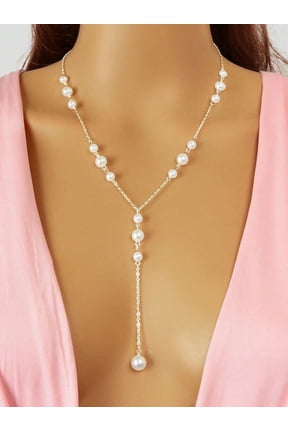 Silver Tone Y-Shape Long Faux Pearl Necklace For Women Party Body Jewelry