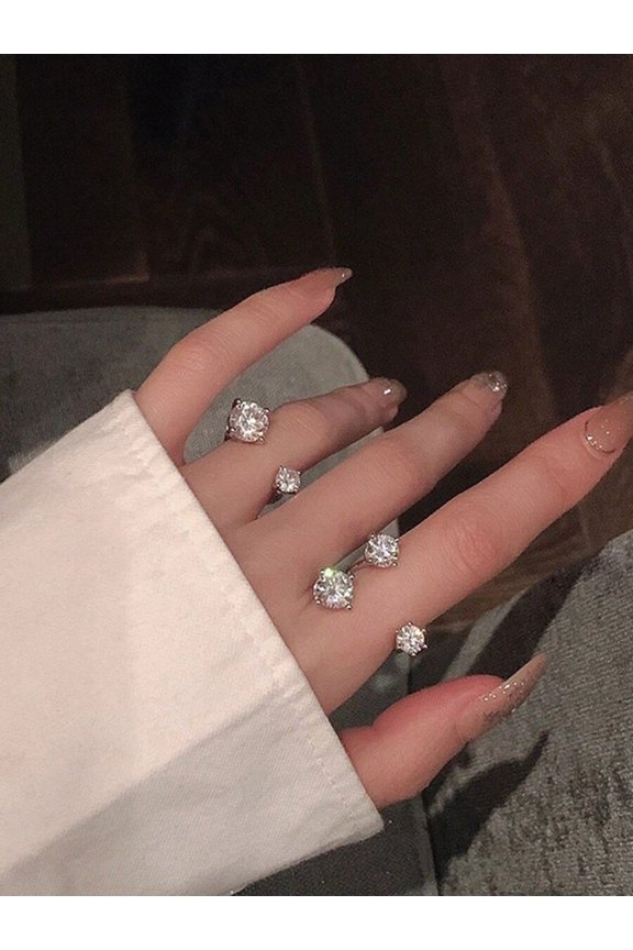 Silver Tone Y2K Asymmetric 5 Cubic Zirconia Rings Set For Women Daily Wear