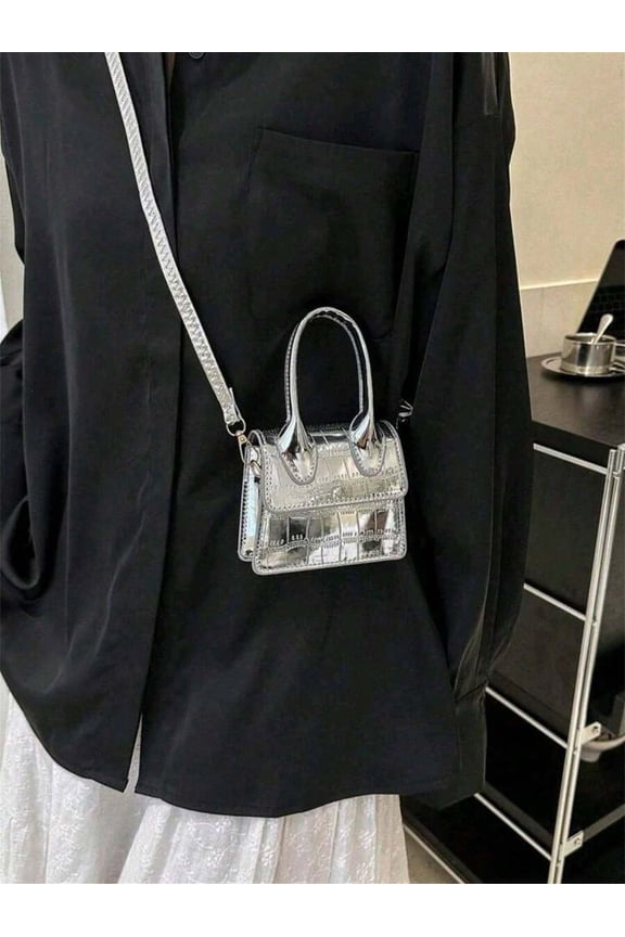 Silver Top Handle Handbag With Croc Texture Vegan Leather Crossbody Strap