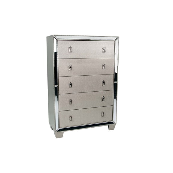 Silver Traditional Nightstand (26" – 2 Drawers with Hanging Pulls, Stainless Deco Panel, Bedroom Bedside Table)