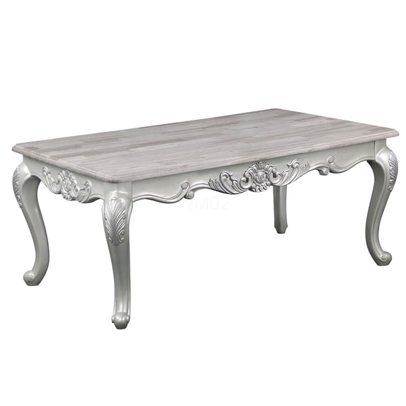 Silver Traditional Style Wood Coffee Table for Living Room, Elegant Champagne Finish with Silver Brush Detailing, Functional Centerpiece for Modern Home Décor