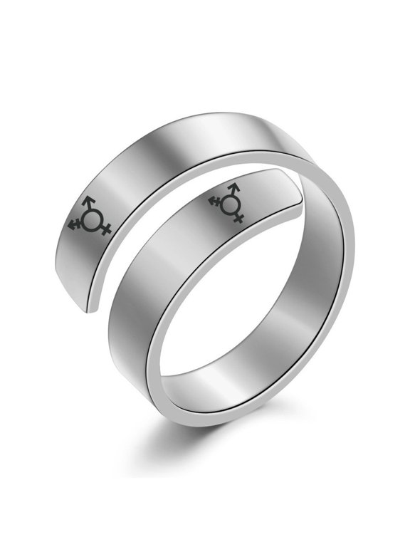 Silver Transgender Pride Symbol Wrapped Cuff Ring Stainless Steel Trans LGBTQ Jewelry for Male Female