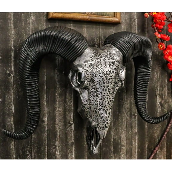 Silver Tribal Floral Scroll Tooled Filigree Corsican Ram Skull Wall Decor 11"W