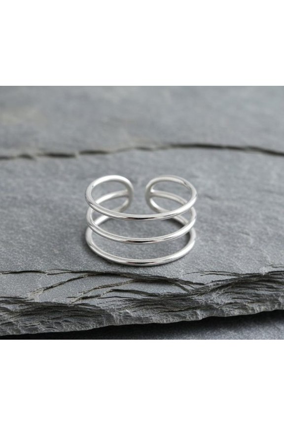 Silver Triple Band Ring | Minimalist Adjustable Open Cuff, Sleek Silver Tone Triple Band Design