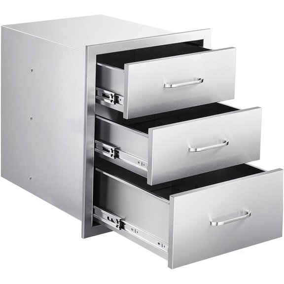 Silver Triple Drawer Stainless Steel Outdoor Cooking Storage Unit 18.11W 23.23D 23.23H for Patio Grill Island Setup