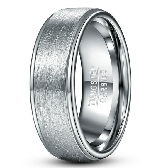 Silver Tungsten Carbide Ring for Men Brushed Finish Wedding Band Step Edges Comfort Fit Rings