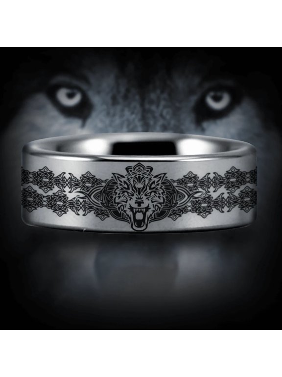 Silver Tungsten Celtic Wolf Ring