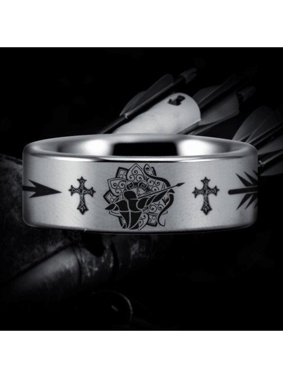 Silver Tungsten Christian Bow Archer Ring