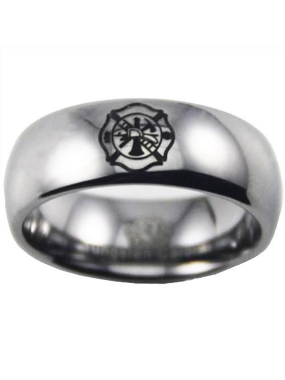 Silver Tungsten Firefighter's Black Logo Ring