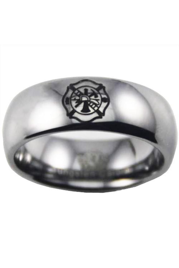 Silver Tungsten Firefighter's Black Logo Ring