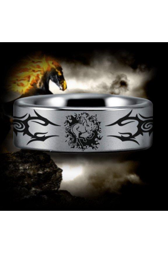 Silver Tungsten Horse on Fire Ring
