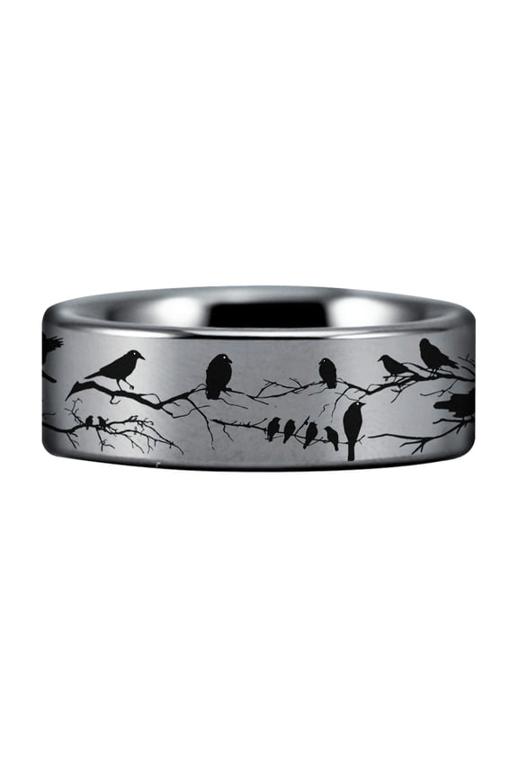 Silver Tungsten Raven and Branches Ring