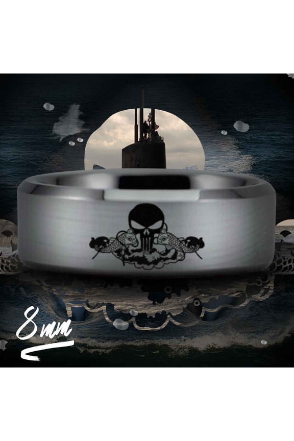 Silver Tungsten Submariner Skull and Dolphin Ring