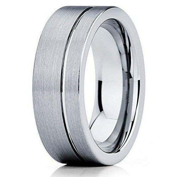 Tungsten Wedding Band Tungsten Carbide Ring Gray Tungsten Band 8mm Offset Groove Ring Men and Women Brushed Comfort Fit