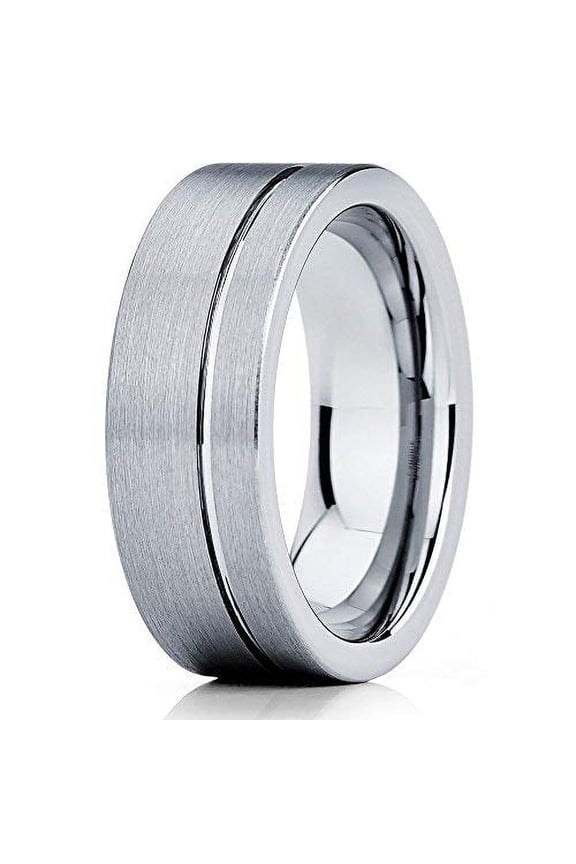Tungsten Wedding Band Tungsten Carbide Ring Gray Tungsten Band 8mm Offset Groove Ring Men and Women Brushed Comfort Fit