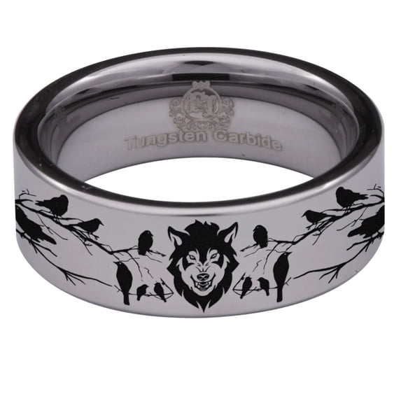 Silver Tungsten Wolf and Raven Ring