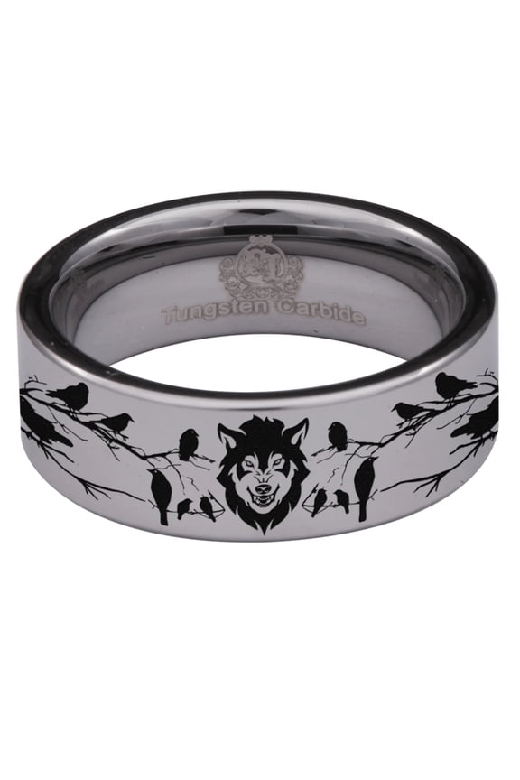 Silver Tungsten Wolf and Raven Ring