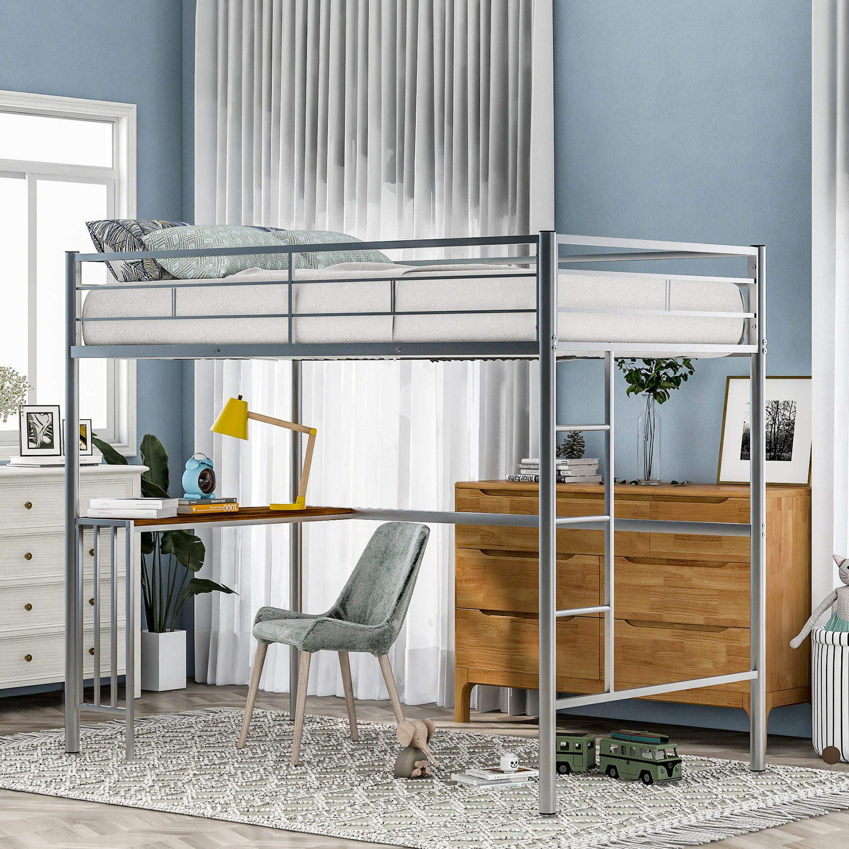 Curated visual reference: Loft Conversion Isolated Footprint Reference: Silver Twin Metal Loft Bed With Study Desk Compact Footprint