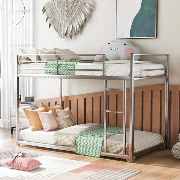 Silver Twin over Twin Bunk Bed | Low Profile for Safety, Noiseless | Guest Room