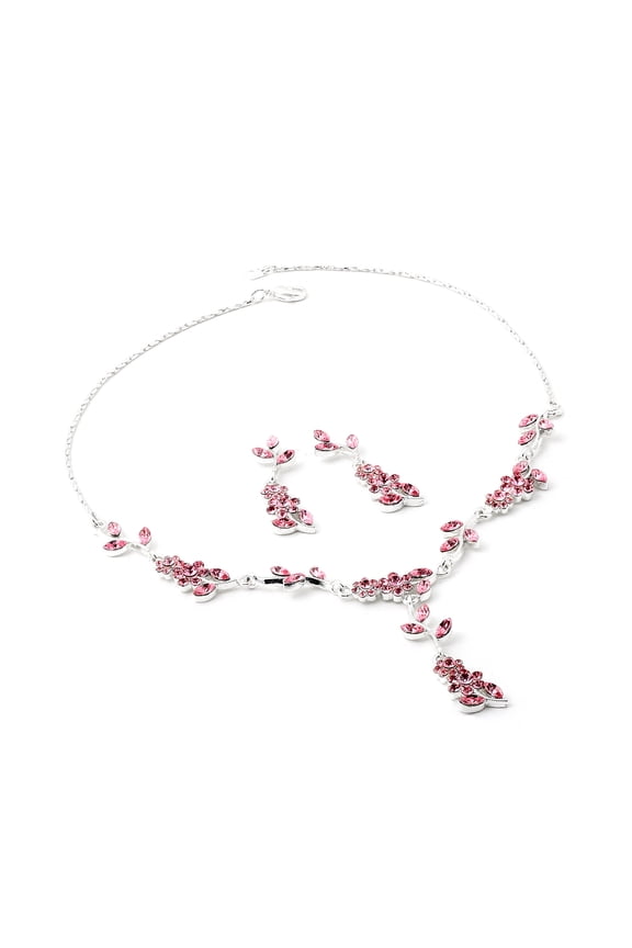 Silver Twist Chain with Light Rose Rhinestone Flower Pedals Necklace and Matching Dangle Earrings Jewelry Set