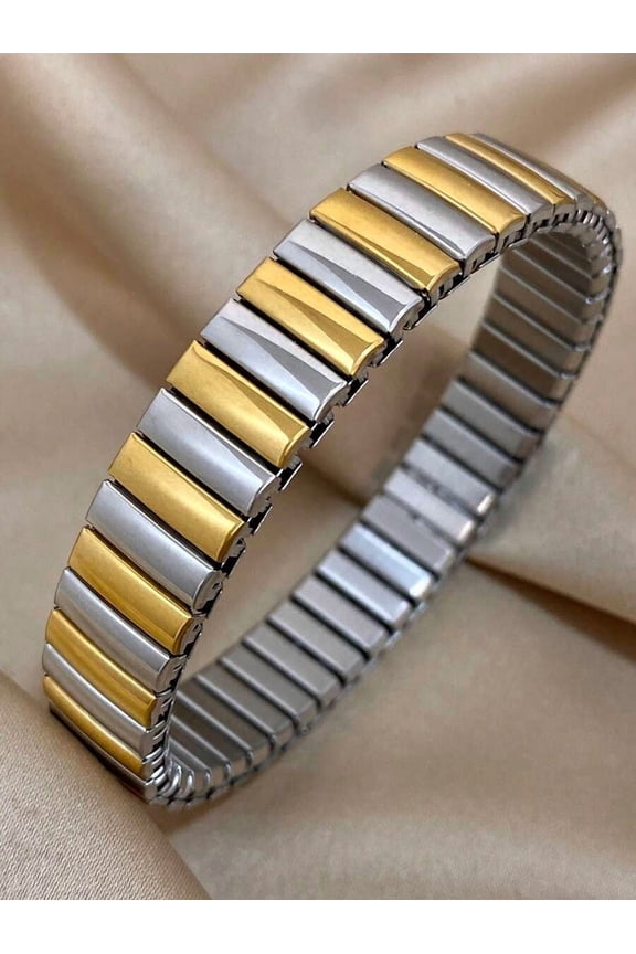 Silver Two-Tone Stainless Steel Expandable Bangle Bracelet, Minimalist Elastic Design For Everyday Wear