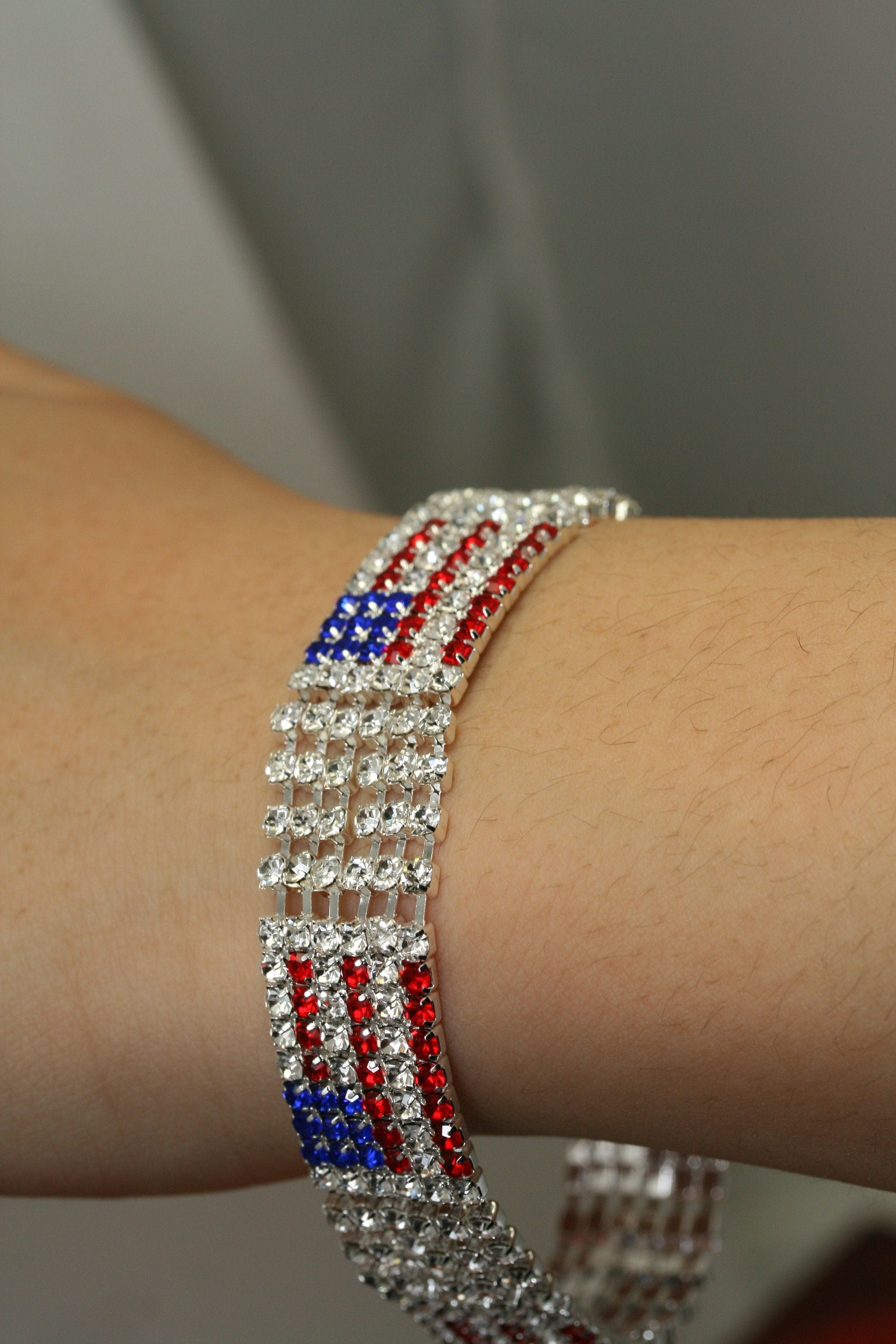 JUST LOVE JEWELS Silver USA Patriotic 4th of July American Flag Rhinestone Tennis Bracelet, Patriotic Independence Jewelry Red White Blue Crystal Bracelet