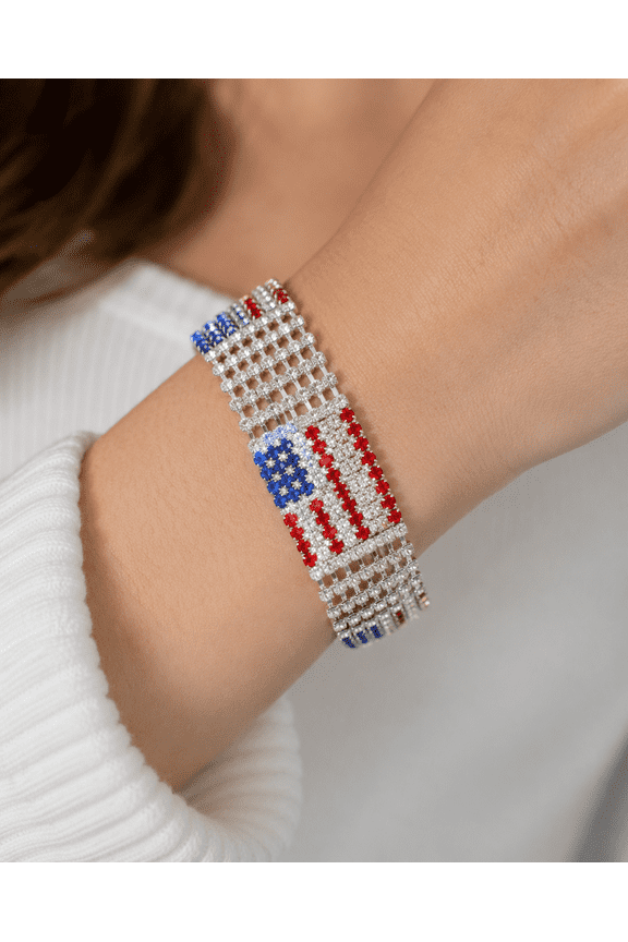 Silver USA Patriotic 4th of July American Flag Rhinestone Tennis Bracelet, Patriotic Independence Jewelry Red White Blue Crystal Bracelet
