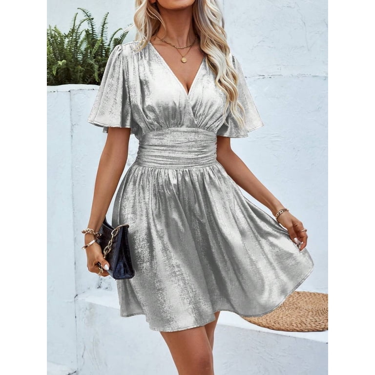Silver V-Neck Ruffle Sleeve Pleated Waist A-Line Party Dress For Spring Summer Holiday Occasion