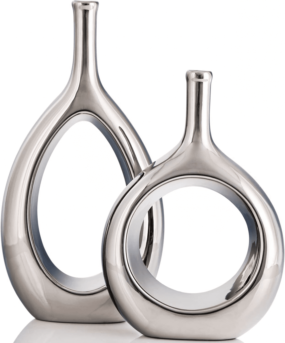 Silver Vase Set of 2,Ceramic Silver Vases for Decor,Silver Room Decor,Modern Silver Vases for
